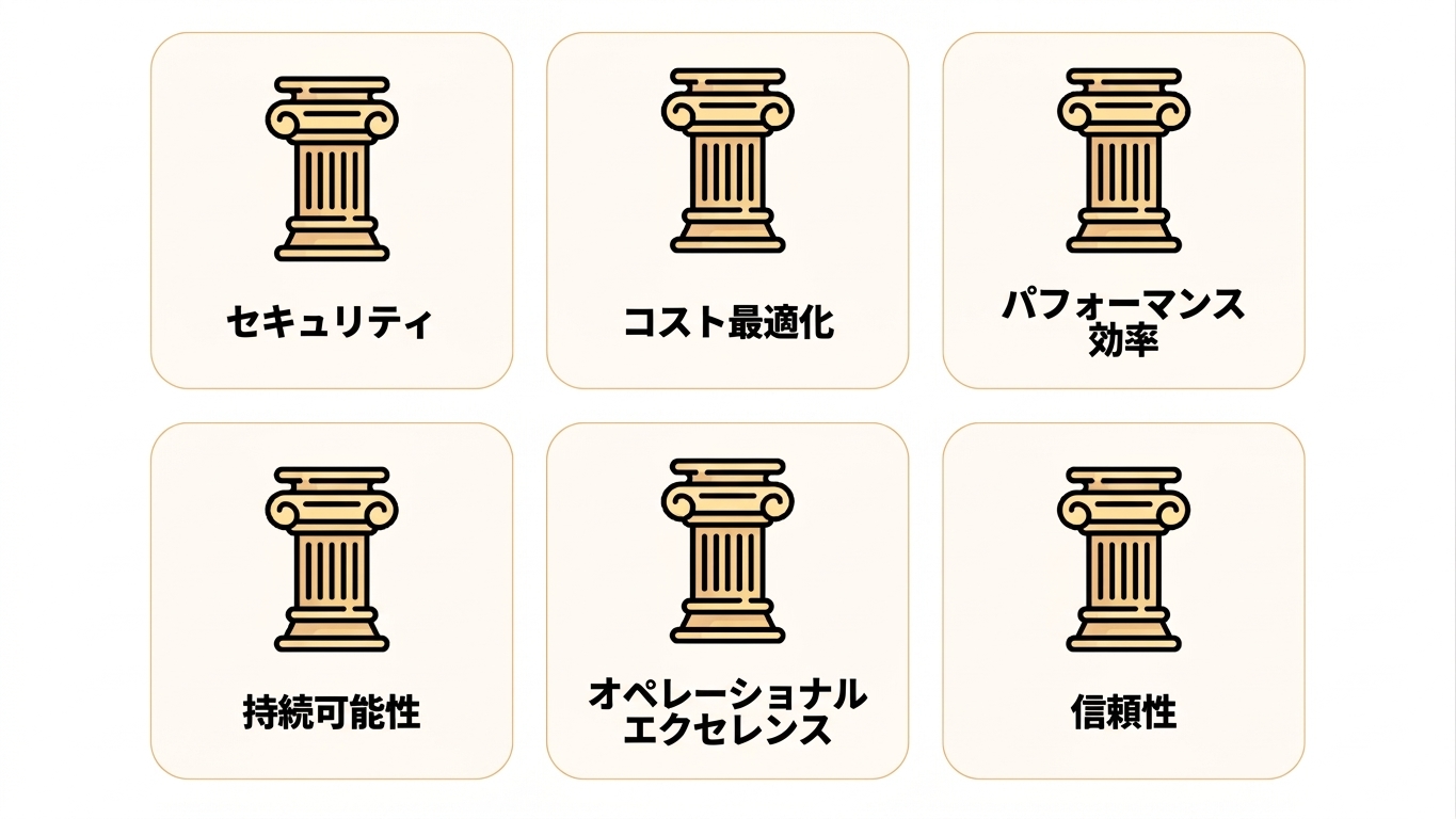フレームワークの6つの柱: セキュリティ、コスト最適化、パフォーマンス効率、サステナビリティ、運用の卓越性、信頼性