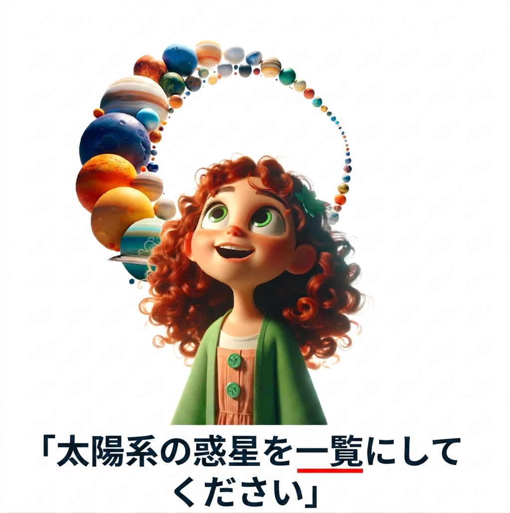 若者と、「太陽系の惑星を一覧にしてください」というプロンプト