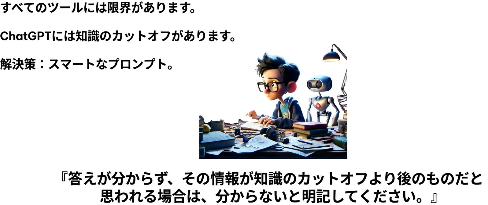 すべてのツールには限界があります。 ChatGPTには知識のカットオフ日があります。 解決策: スマートプロンプト。
