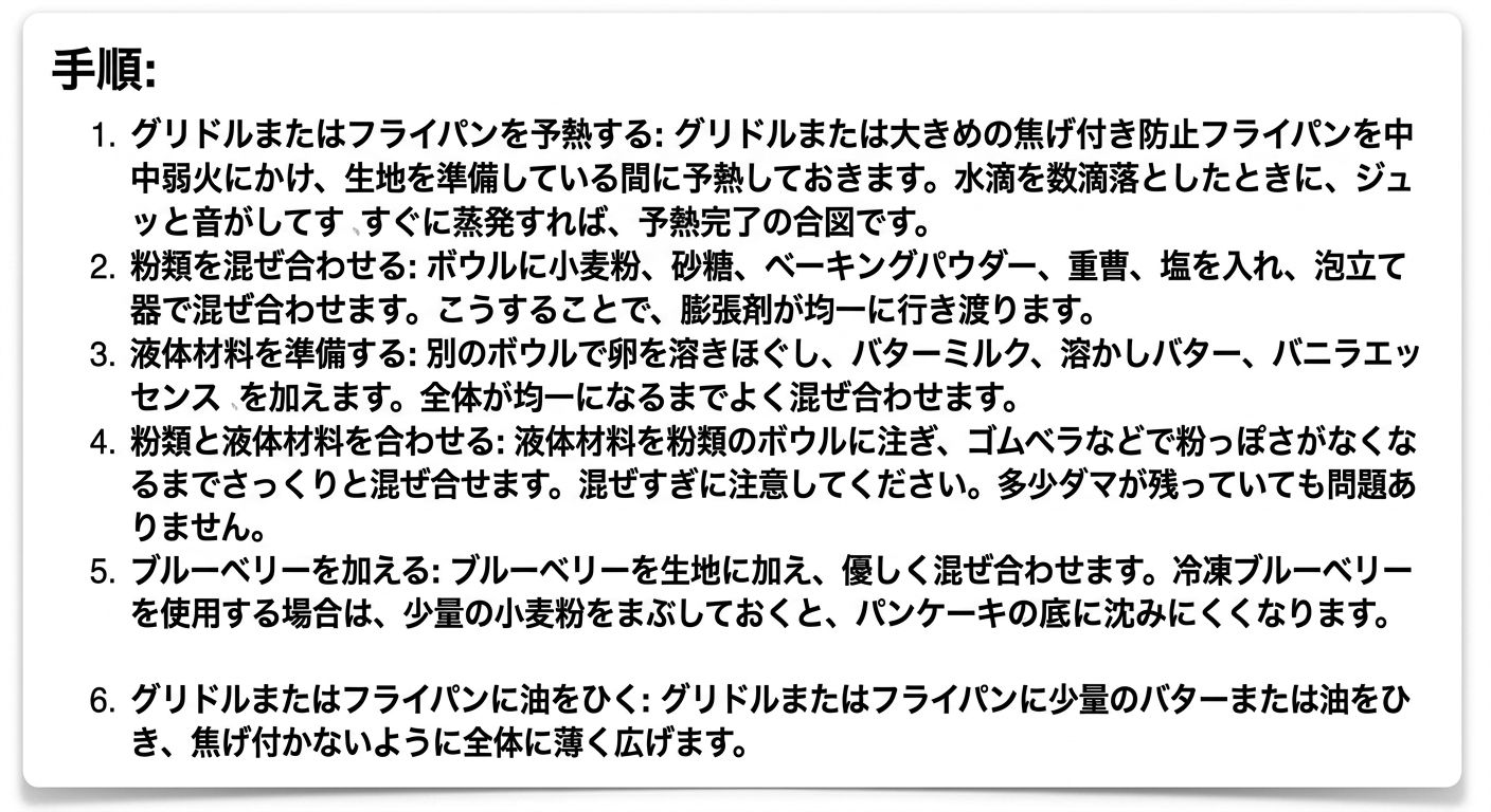 完璧なブルーベリーパンケーキの作り方を手順として示すChatGPTの回答
