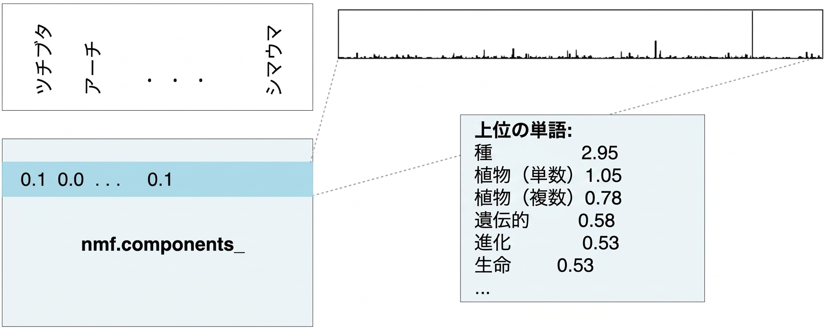 ボックス内の上位単語と値: species 2.95, plant 1.05, plants 0.78, など