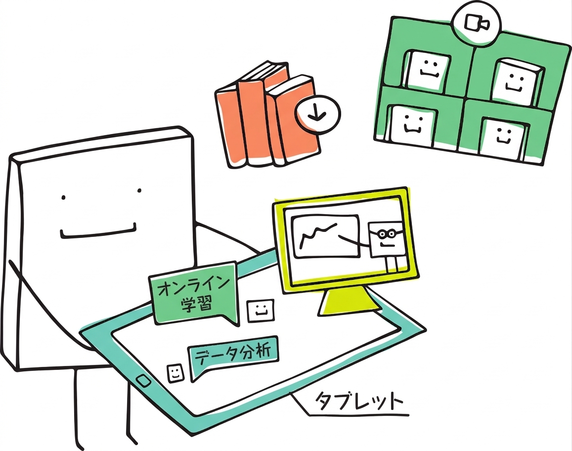 机の上に座って学んでいる本の、遊び心のあるイラスト