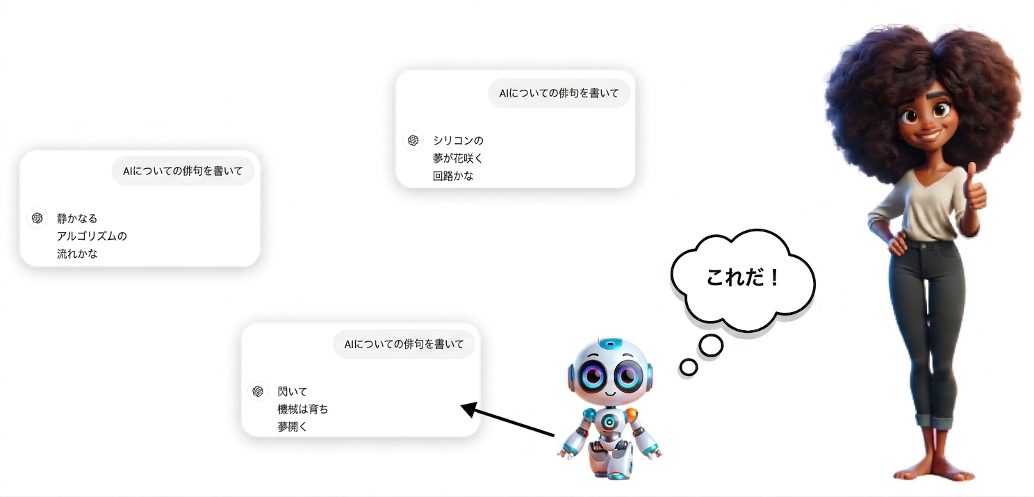 Illustration of a woman giving a thumbs up next to a robot, with three haikus about AI displayed on screens. The woman and robot each have thought bubbles saying 'This one!