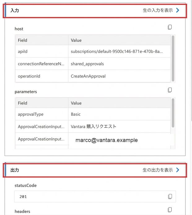 実行履歴で展開された Create an approval アクションカード。INPUTS セクション（host フィールド、approvalType、request title、assignee）が OUTPUTS セクション（statusCode 201）の上に縦に並んで表示され、INPUTS と OUTPUTS の各見出しが赤枠で強調されている