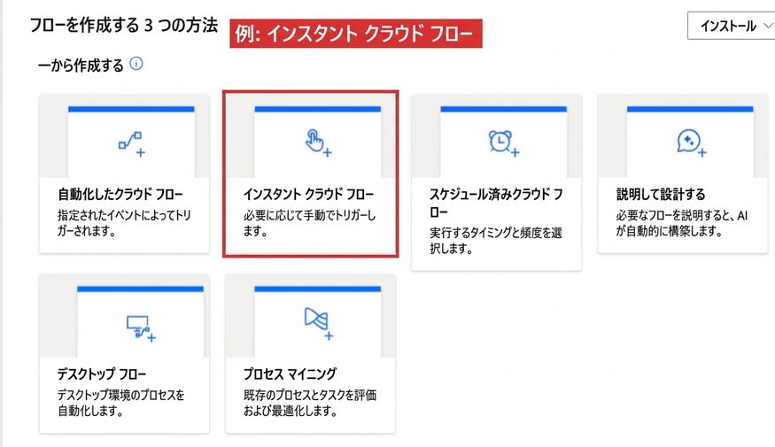 Power Automateの作成ページ。インスタントクラウドフローのタイルが赤く強調表示され、例のフロー種類として示されている