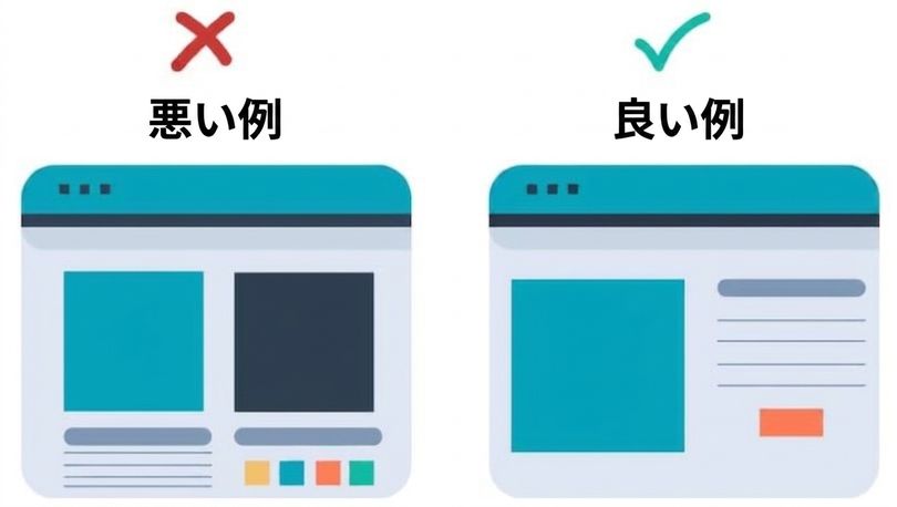 悪い例では、重要度の異なる要素がないウェブサイトが示されている一方、良い例では、理解を促進する色相、サイズ、配置が使われている
