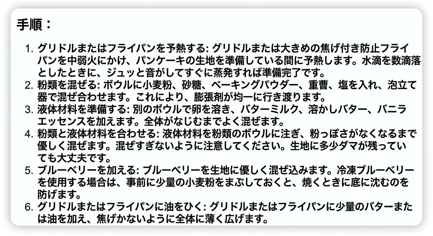 完璧なブルーベリーパンケーキの作り方を手順として示すChatGPTの回答