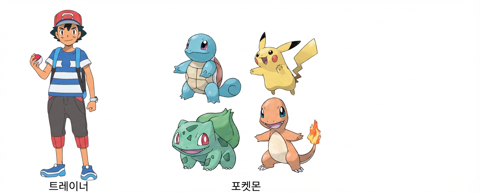 alt="Squirtle, Pikachu, Bulbasaur, Charmander 등 포켓몬 게임에 등장하는 포켓몬들"