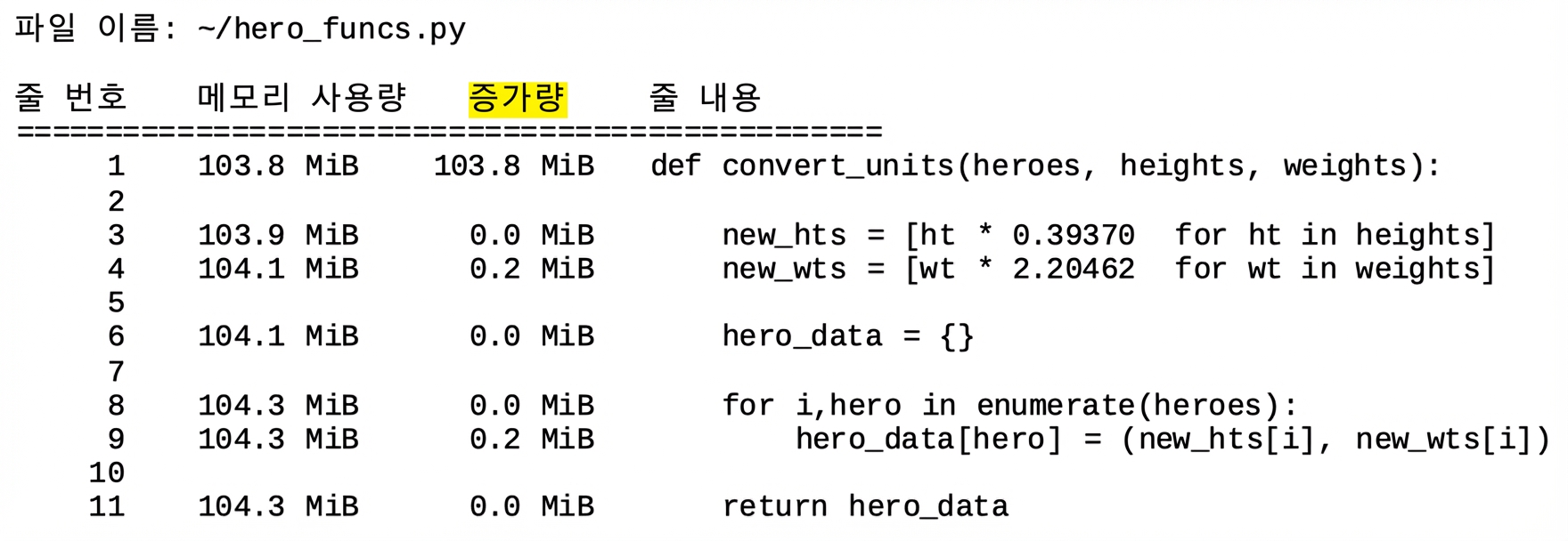 alt="Increment 열이 강조된 mprun 매직 커맨드의 메모리 사용량 프로파일링 통계 표 출력"