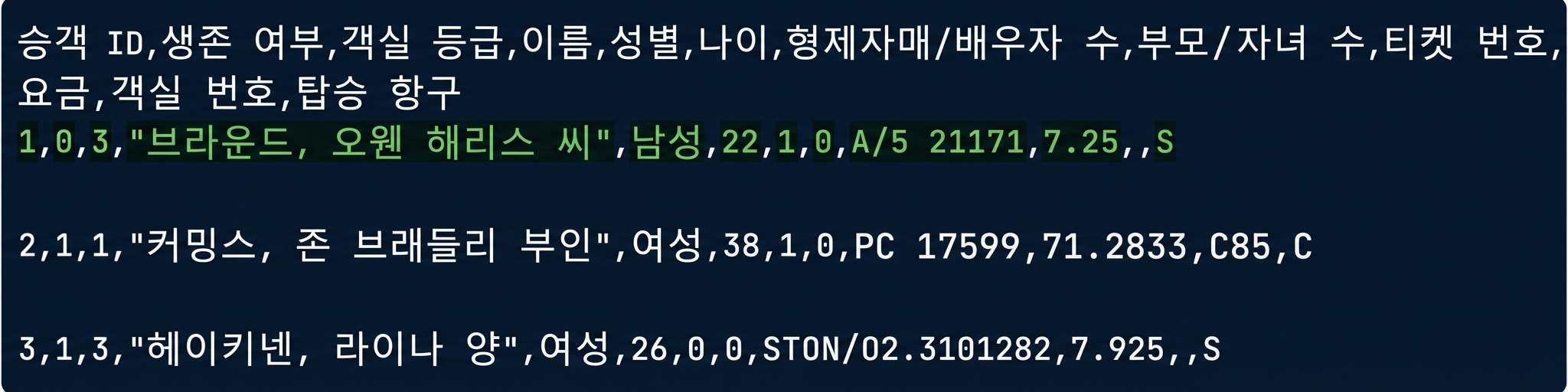 행이 강조된 titanic.csv