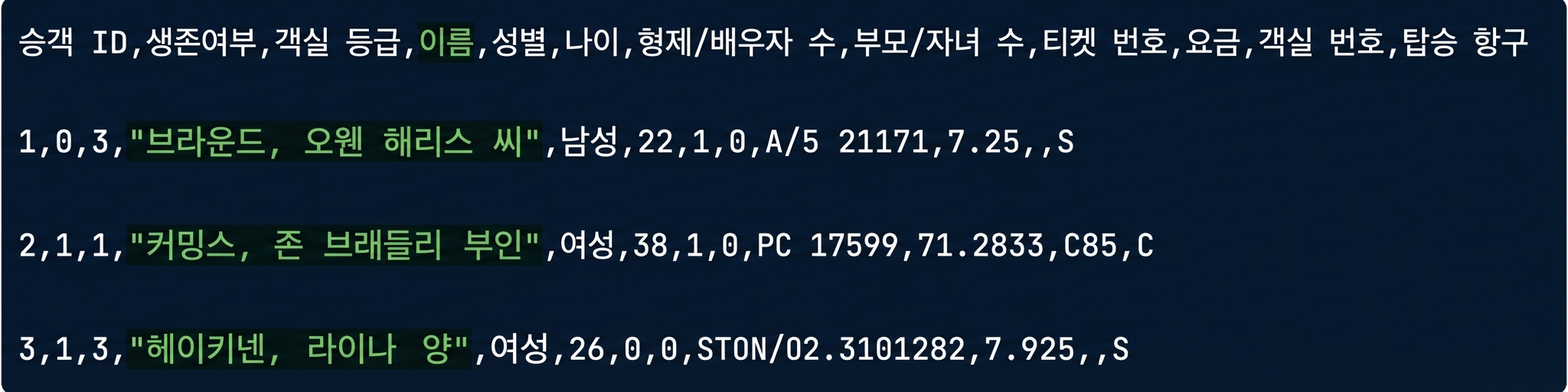 열이 강조된 titanic.csv