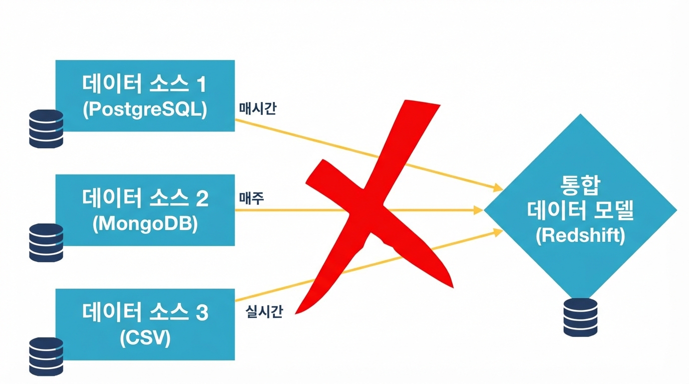 매일 업데이트되는 세 가지 데이터 소스에 큰 X 표시가 있는 모습