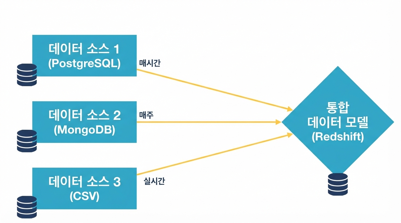 세 가지 데이터 소스가 통합 데이터 모델에 연결된 모습