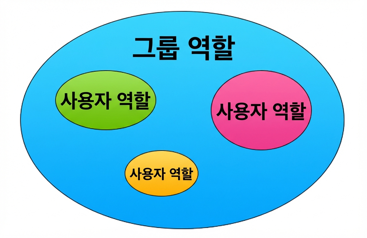 바깥 원이 그룹 역할이고 내부의 세 원이 사용자 역할인 역할 그래픽