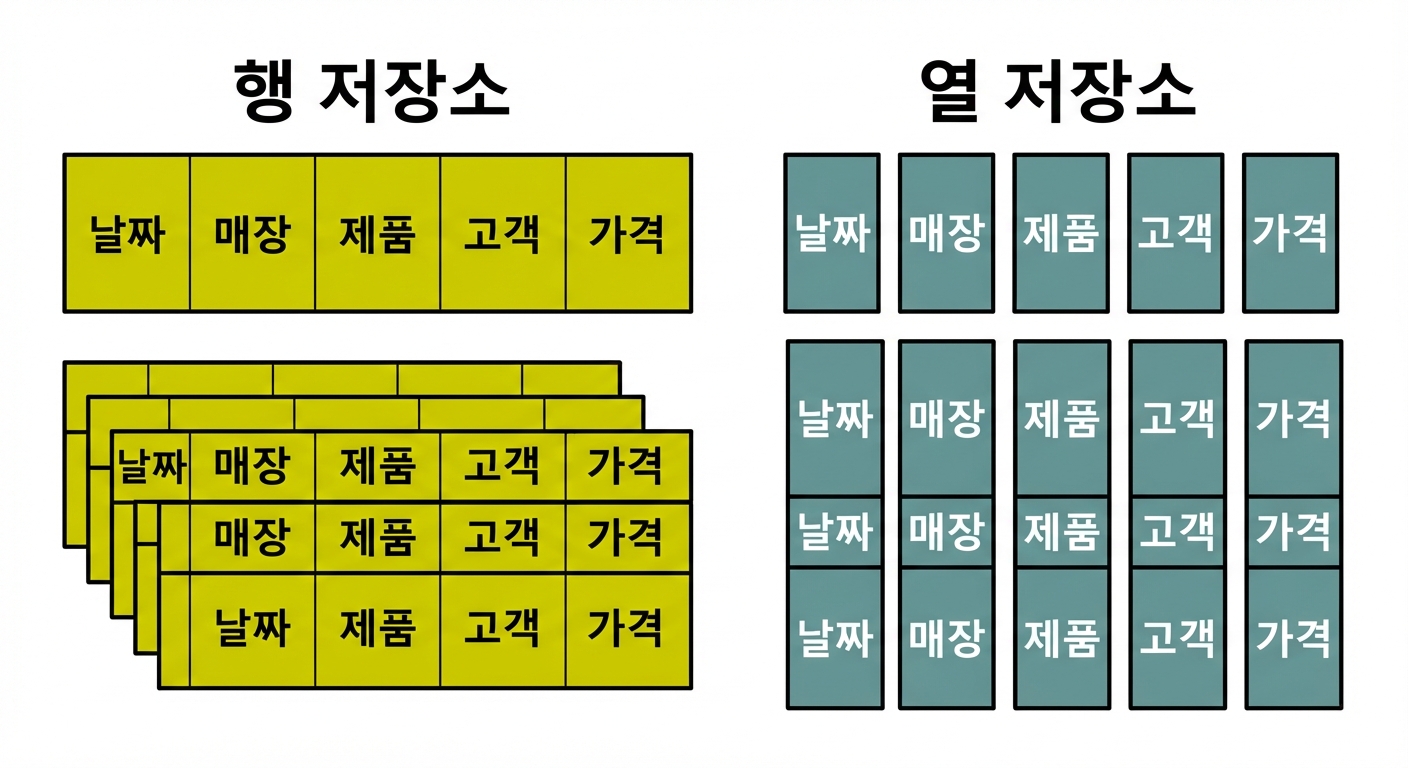 행 저장소와 열 저장소의 저장 방식을 비교하는 다이어그램
