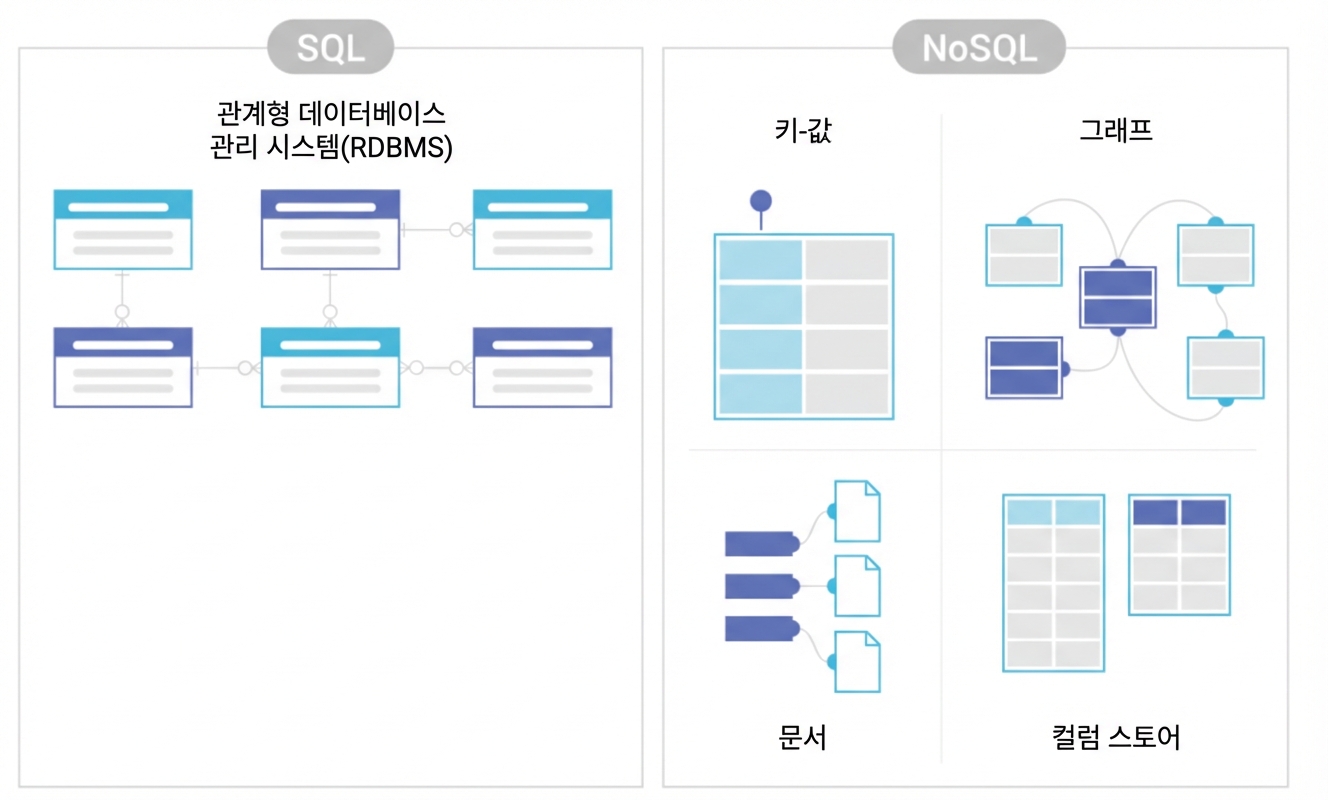 SQL과 NoSQL DBMS의 저장 방식을 비교하는 다이어그램