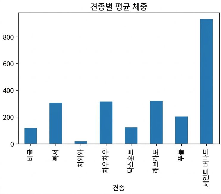 화면 왼쪽과 동일한 막대 그래프이지만, '견종별 평균 체중'이라는 제목이 추가되어 있습니다.
