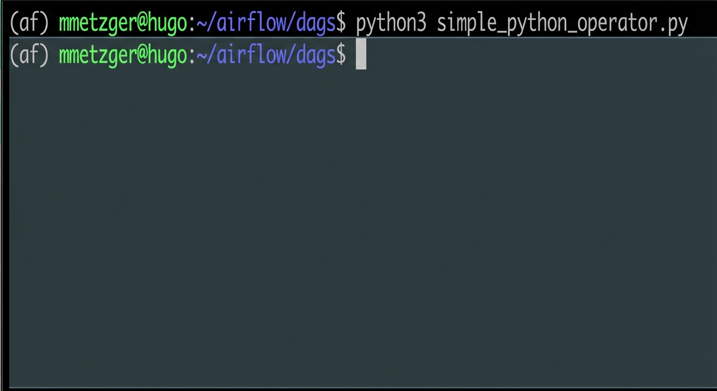 python3으로 Dag 파일 실행 후 오류 없이 프롬프트로 돌아온 터미널 화면