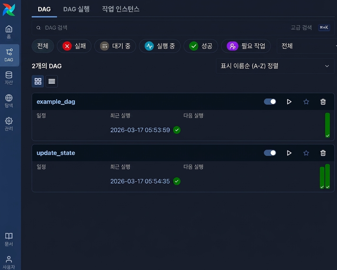사용 가능한 모든 DAG 목록을 보여주는 Airflow DAG 목록 페이지