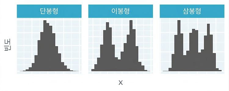 단봉형, 쌍봉형, 삼봉형 분포를 각각 하나, 두 개, 세 개의 봉우리로 보여주는 히스토그램.