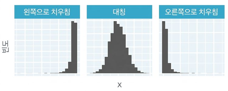 왼쪽으로 치우치고, 대칭이고, 오른쪽으로 치우친 분포를 보여주는 히스토그램.