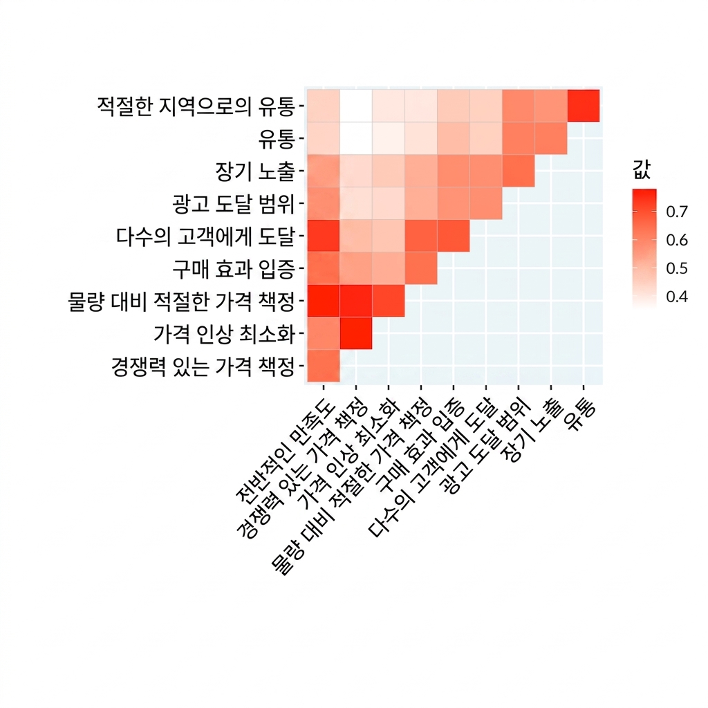 전화번호부 광고 제품에 대한 고객 만족도 설문 조사의 상관관계 히트맵