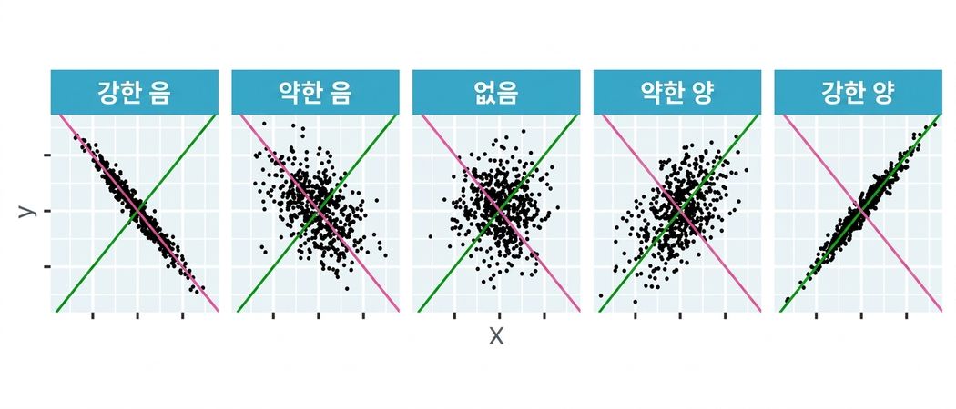 x와 y 좌표의 이론적 페어에 대한 상관관계 산포도 그래프.