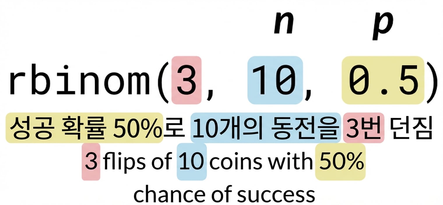 rbinom(3, 10, 0.5)에서 3은 빨간색, 10은 파란색, 0.5는 노란색. 텍스트: 성공 확률 50%(노란색)인 동전 10개(파란색)를 3번(빨간색) 던지기. n은 파란색 10 위에, p는 노란색 0.5 위에 표시.