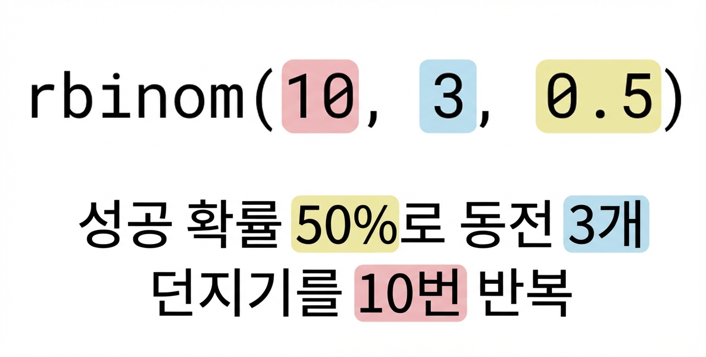 rbinom(10, 3, 0.5)에서 10은 빨간색, 3은 파란색, 0.5는 노란색. 텍스트: 성공 확률 50%(노란색)인 동전 3개(파란색)를 10번(빨간색) 던지기