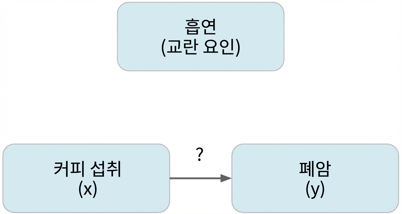 커피 섭취(x) → 폐암(y), 위에 흡연(교란 요인)