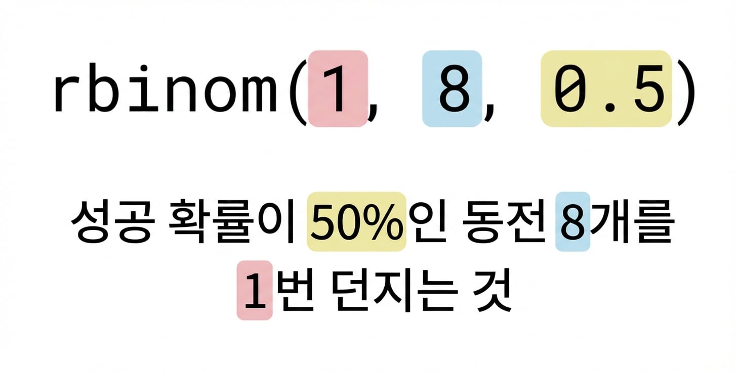 rbinom(1, 8, 0.5)에서 1은 빨간색, 8은 파란색, 0.5는 노란색. 텍스트: 성공 확률 50%(노란색)인 동전 8개(파란색)를 1번(빨간색) 던지기