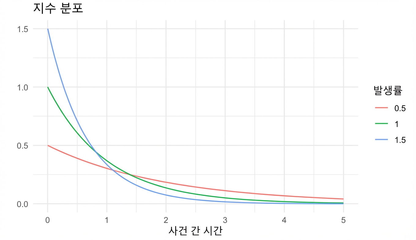 lambda = 0.5, lambda = 1, lambda = 1.5인 지수 분포 3개