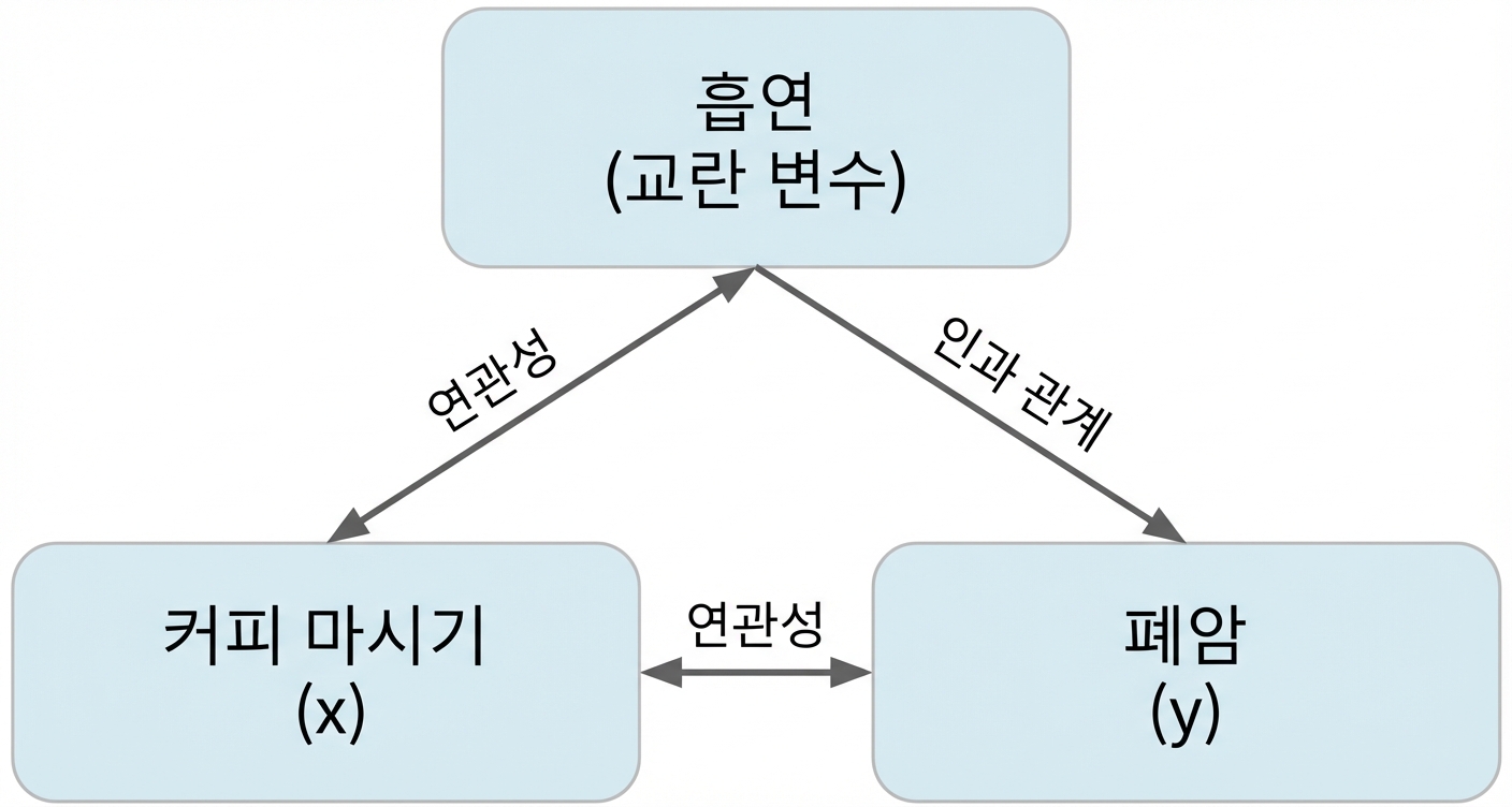 커피 섭취(x) ↔ 폐암(y) "연관". 흡연↔커피 "연관". 흡연→폐암 "인과".