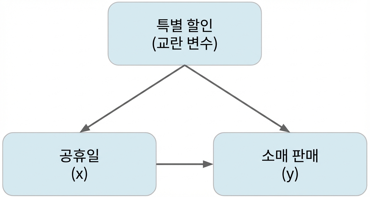 휴일(x) → 소매 판매(y). 특별 할인(교란 요인) ↔ 휴일, → 소매 판매.