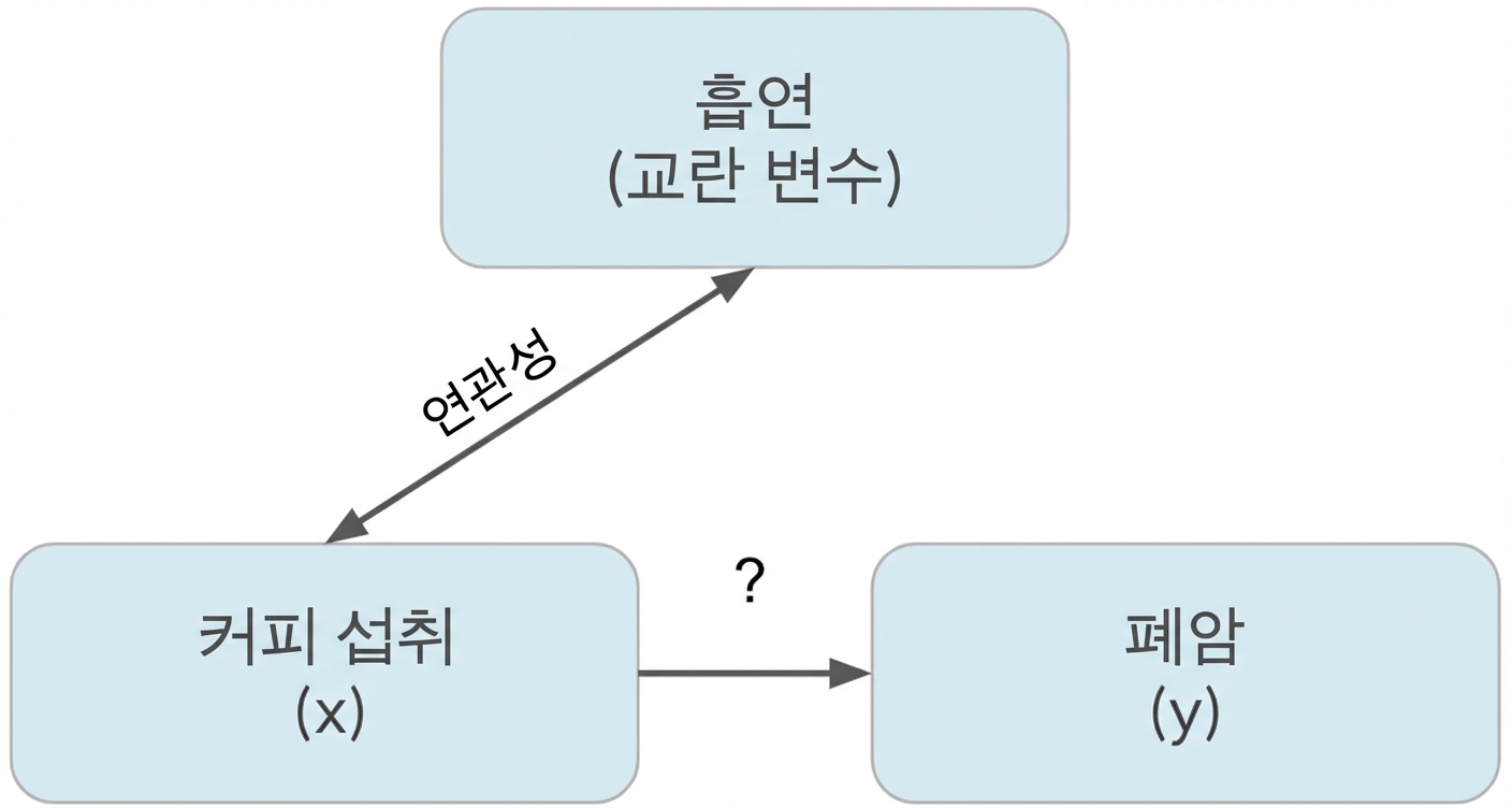 커피 섭취(x) ↔ 흡연(교란 요인) ↘ 폐암(y)