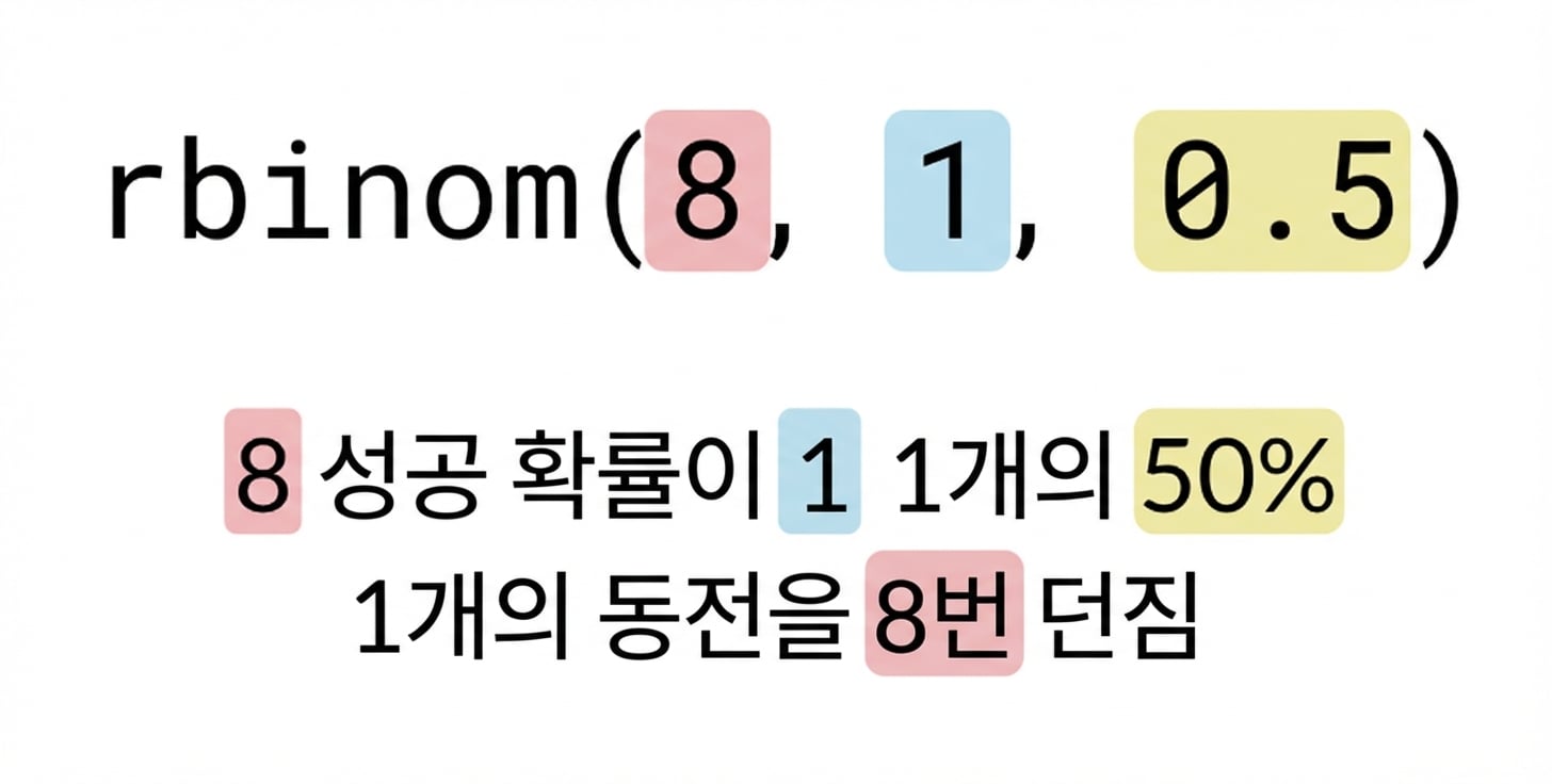 rbinom(8, 1, 0.5)에서 8은 빨간색, 1은 파란색, 0.5는 노란색. 텍스트: 성공 확률 50%(노란색)인 동전 1개(파란색)를 8번(빨간색) 던지기