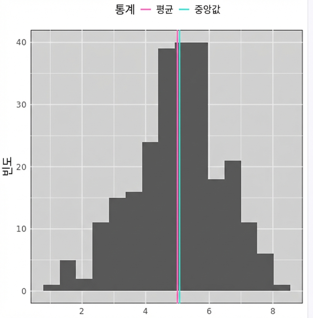 종 모양의 데이터를 보여주는 히스토그램으로, 데이터 중심 근처에 파란색과 빨간색 선이 있습니다. 빨간색은 평균, 파란색은 중앙값을 나타냅니다.