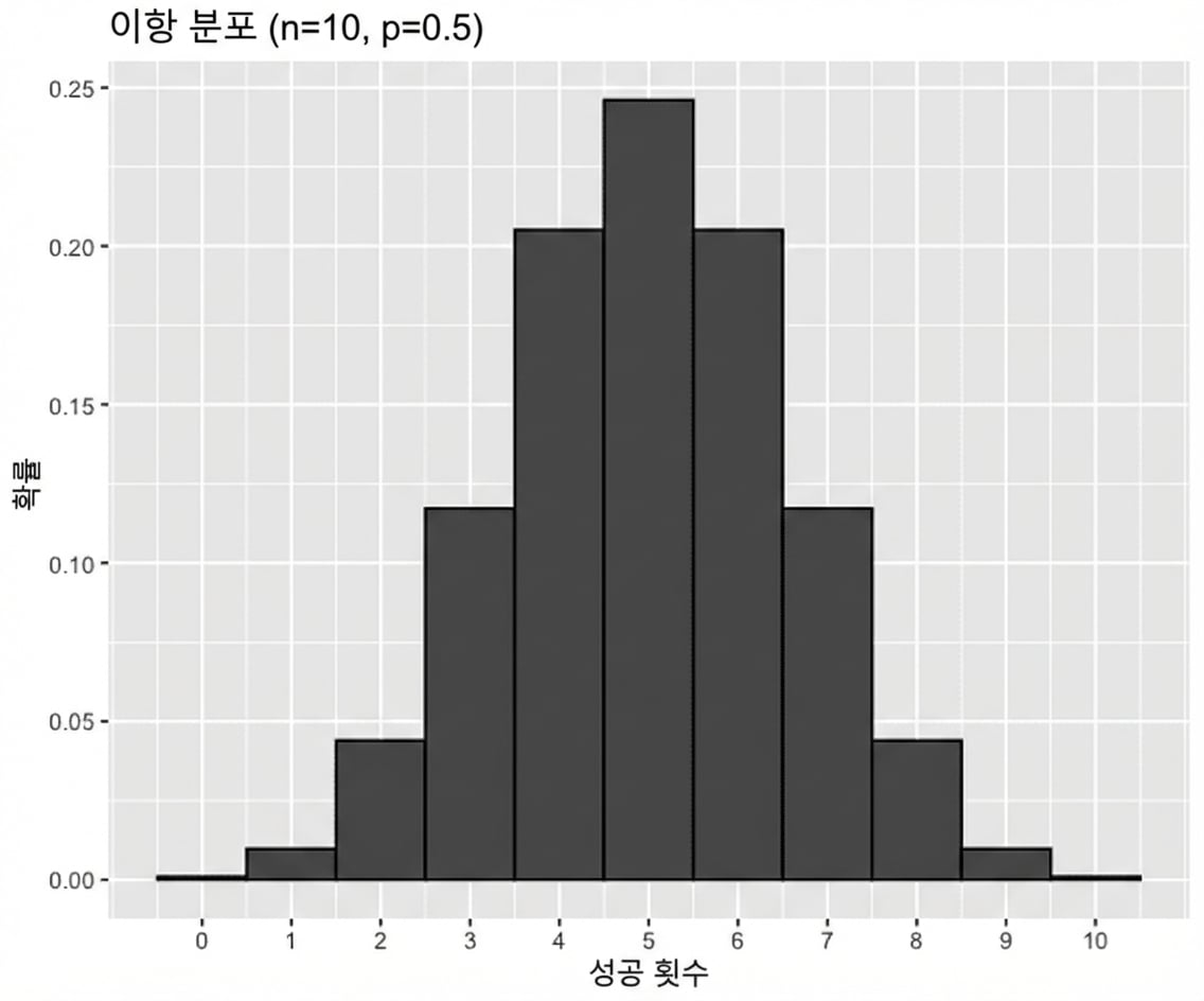 n=10, p=0.5인 이항 분포 그래프
