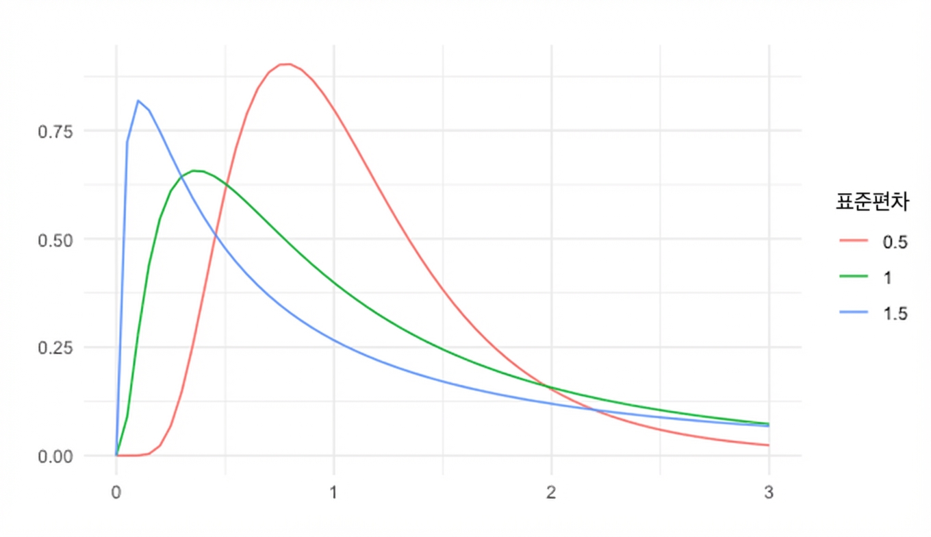 sd = 0.5, sd = 1, sd = 1.5인 로그정규 분포 3개