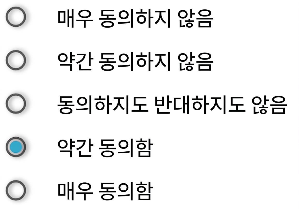전혀 그렇지 않다 / 그렇지 않다 / 보통이다 / 그렇다 / 매우 그렇다