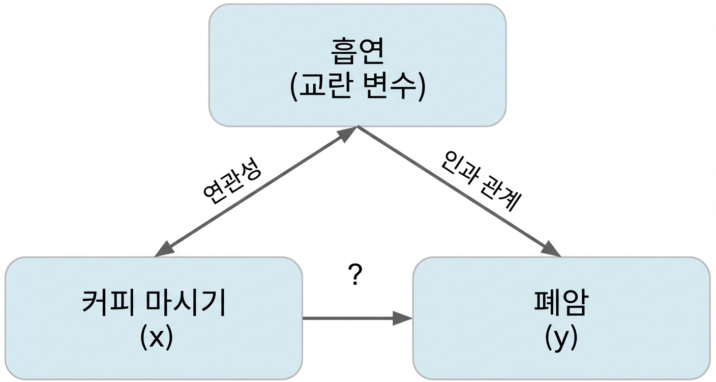 커피 섭취(x) ↔ 흡연(교란 요인) → 폐암(y). 흡연→폐암은 "인과" 표시