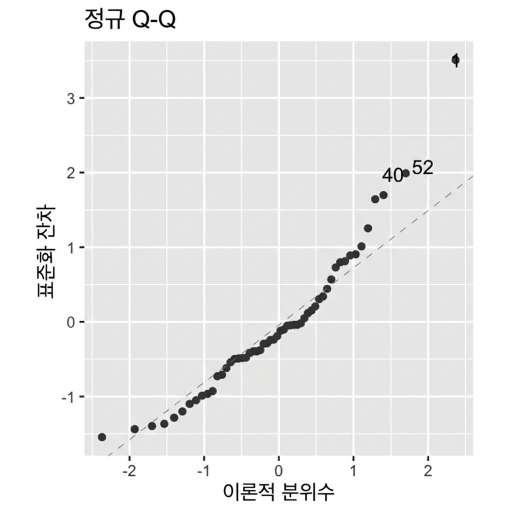 농어 모형의 표준화 잔차 대 이론 분위수 Q-Q 플롯. 특히 오른쪽에서 점들이 대각선을 잘 따르지 않음.