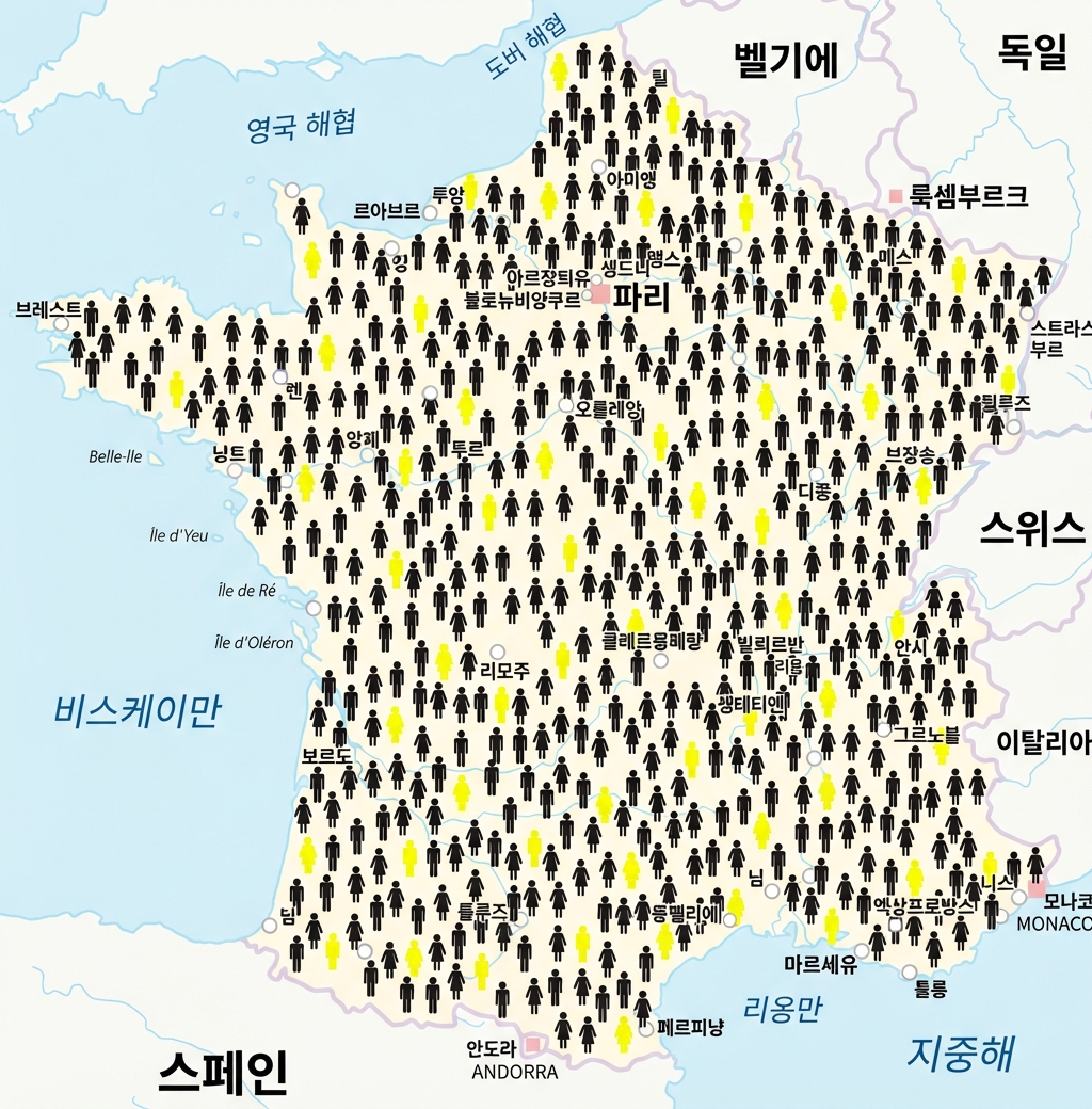 일부가 하이라이트된 사람 아이콘이 있는 프랑스 지도.