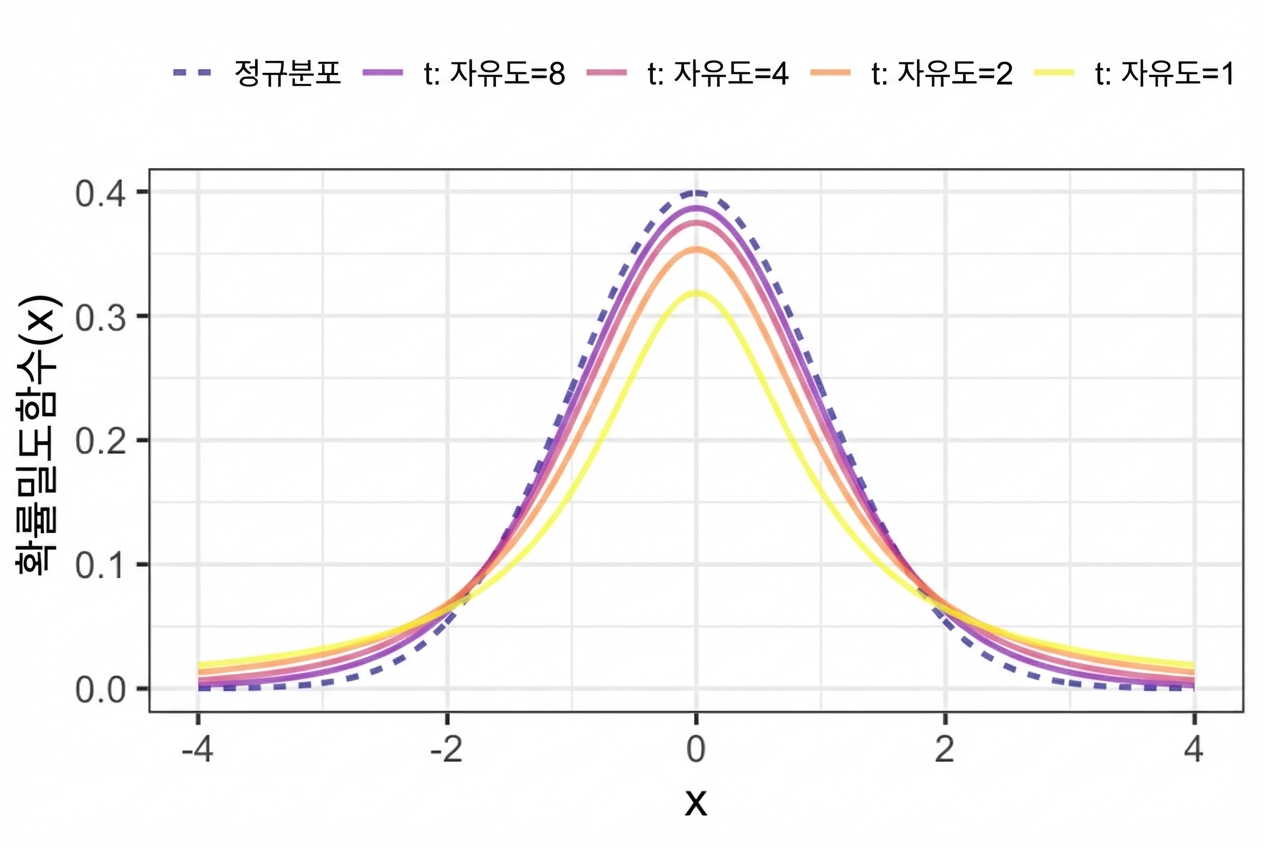 표준 정규분포와 다양한 자유도의 t-분포 PDF 비교 그래프. 자유도가 증가할수록 꼬리는 좁아지고 봉우리는 높아져 정규분포에 가까워진다.