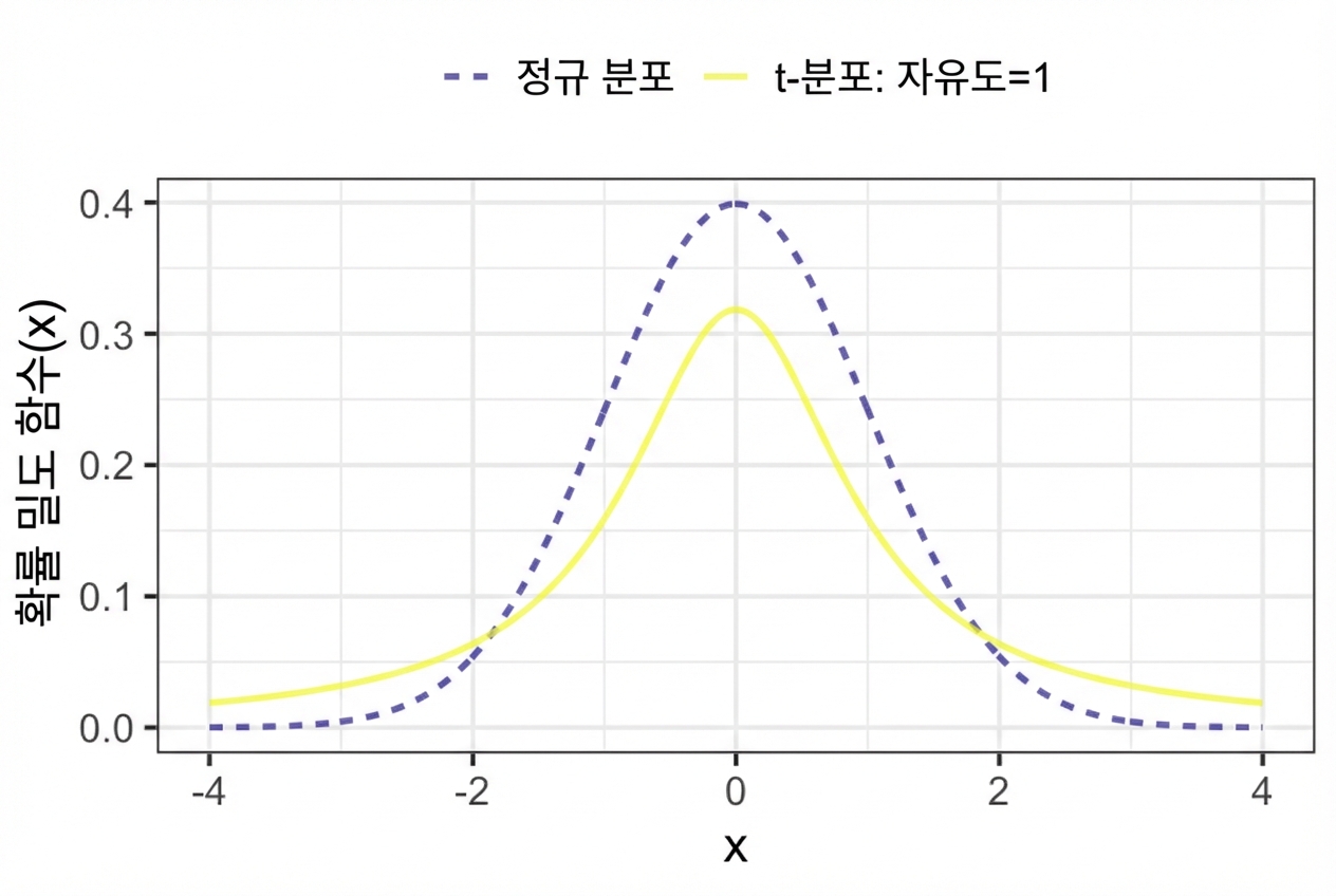 표준 정규분포와 자유도 1인 t-분포의 PDF 비교 그래프. t-분포는 꼬리가 더 두껍고 중앙 봉우리가 더 낮다.