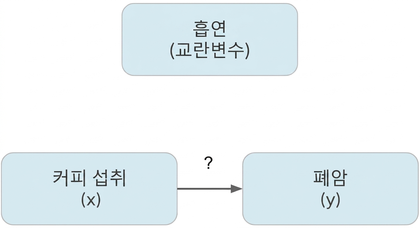 상단에 흡연(교란 변수)이 있고 커피 섭취(x)가 폐암(y)을 가리킴.