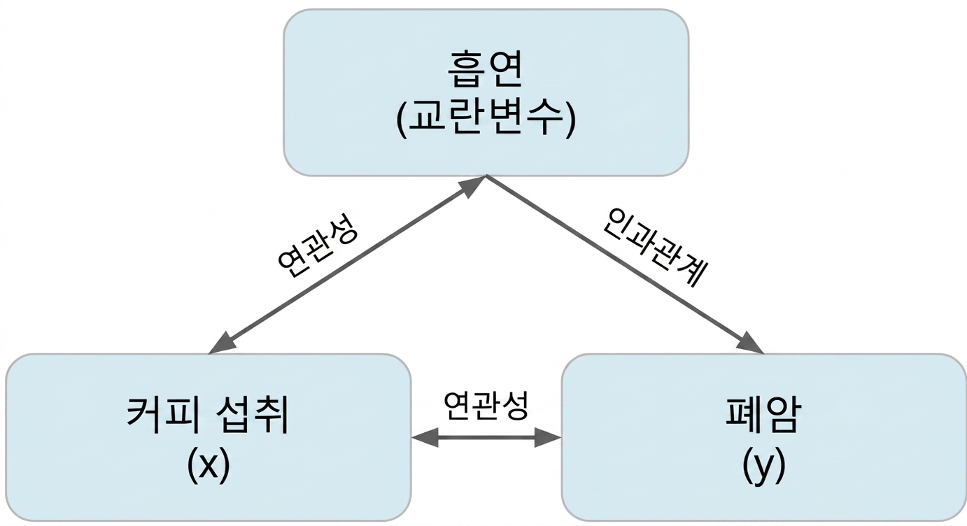 "연관성"이라고 표시된 커피 섭취(x)와 폐암(y) 사이의 양방향 화살표. "연관성"이라고 표시된 흡연과 커피 섭취 사이의 양방향 화살표. "인과관계"라고 표시된, 흡연에서 폐암으로 향하는 화살표.