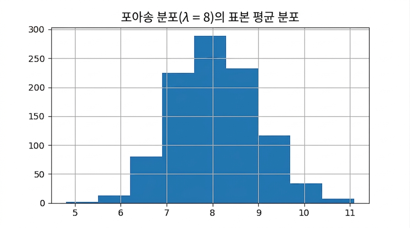 람다가 8인 포아송 분포에서 얻은 표본평균의 분포. 정규분포와 유사한 형태를 보임