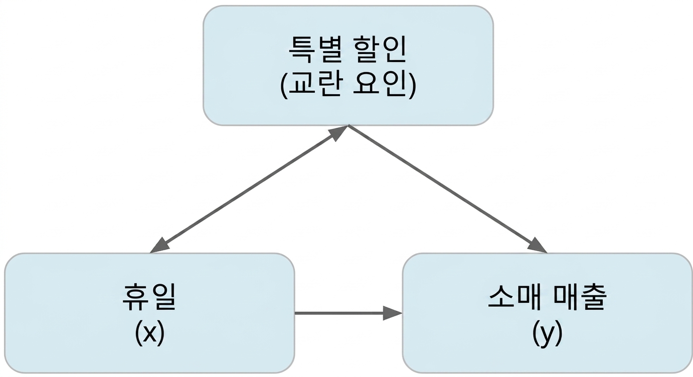 공휴일(x)이 소매 매출(y)을 가리킴. 특별 할인(교란 변수)은 휴일과 양방향 화살표, 소매 매출과는 단방향 화살표로 연결됨.
