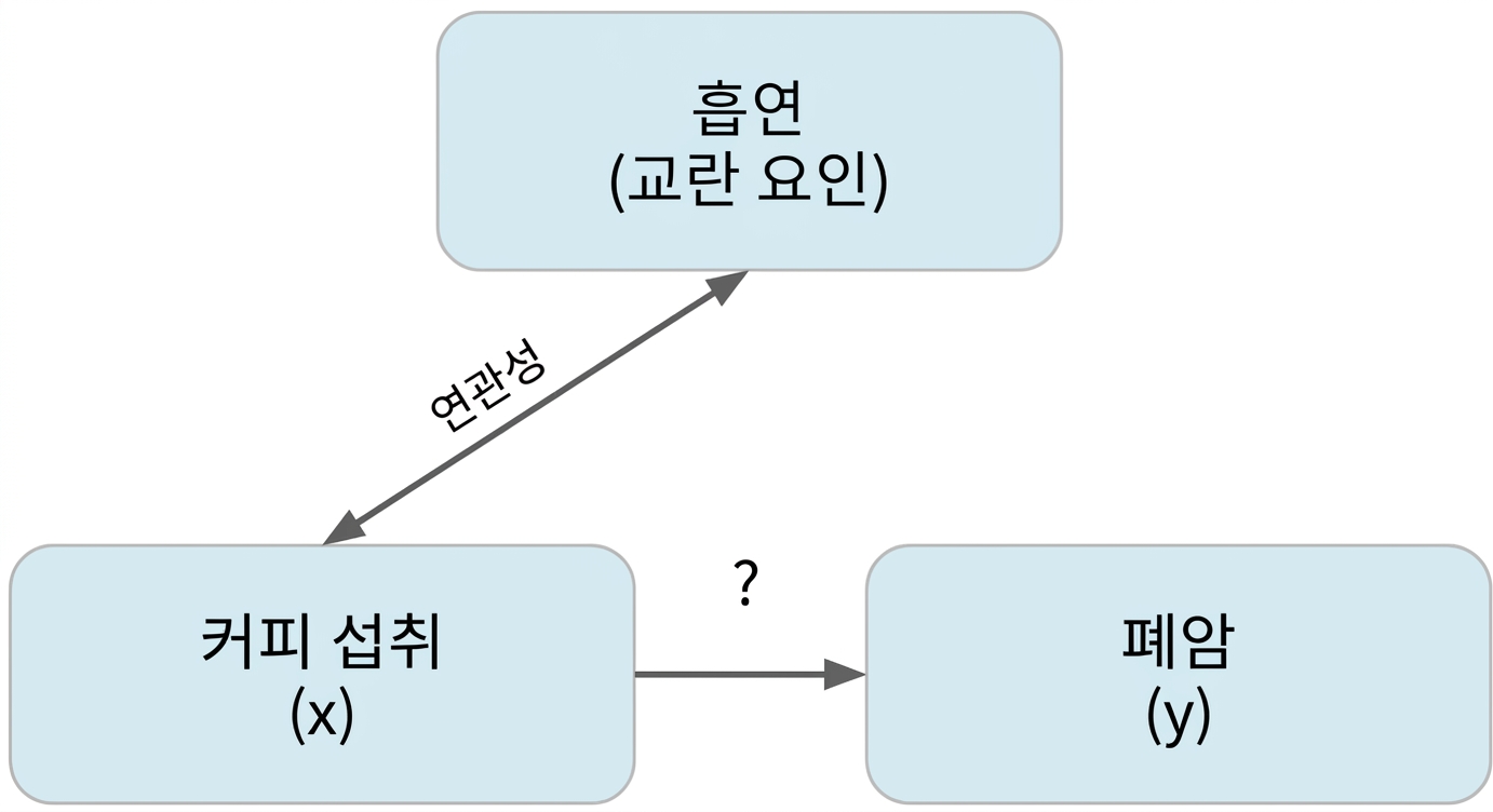 흡연(교란 변수)과 함께 커피 섭취(x)가 폐암(y)을 가리킴. "연관성"이라고 표시된 흡연과 커피 섭취 사이의 양방향 화살표.